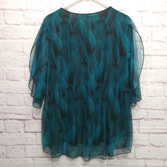 Sese Code Teal Feather Sheer Mesh Tunic Blouse Sz XL Flowy Flutter Boho Mature - Picture 2 of 8